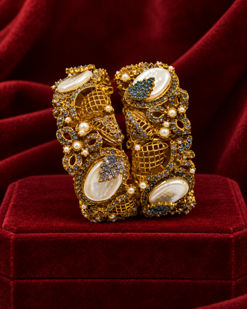 Majestic Victorian Pearl Encrusted Gold Openable Kada Pair