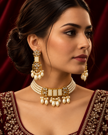 Elegant Pearl & Gemstone Bridal Choker Set – 3 Regal Colors