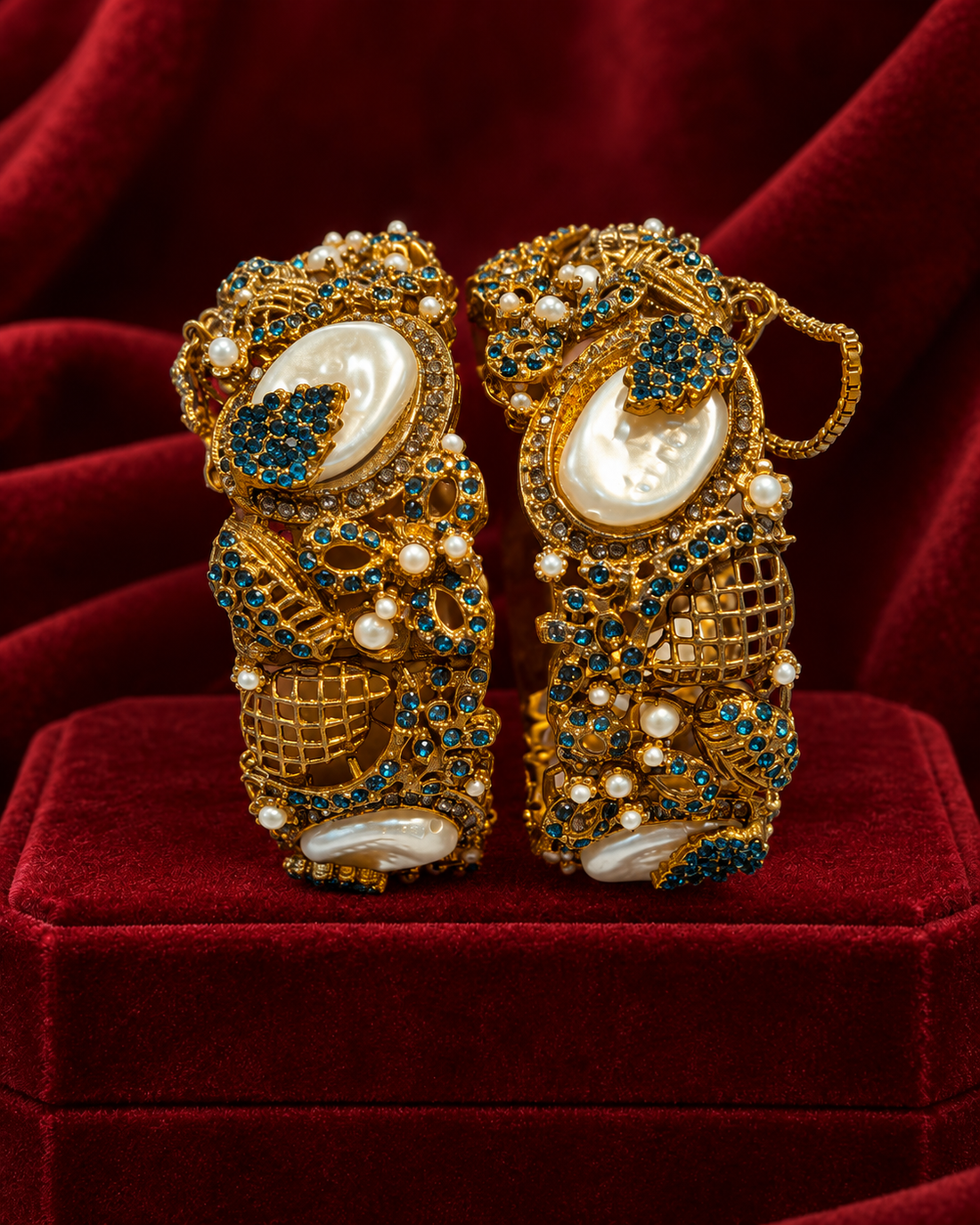 Majestic Victorian Pearl Encrusted Gold Openable Kada Pair