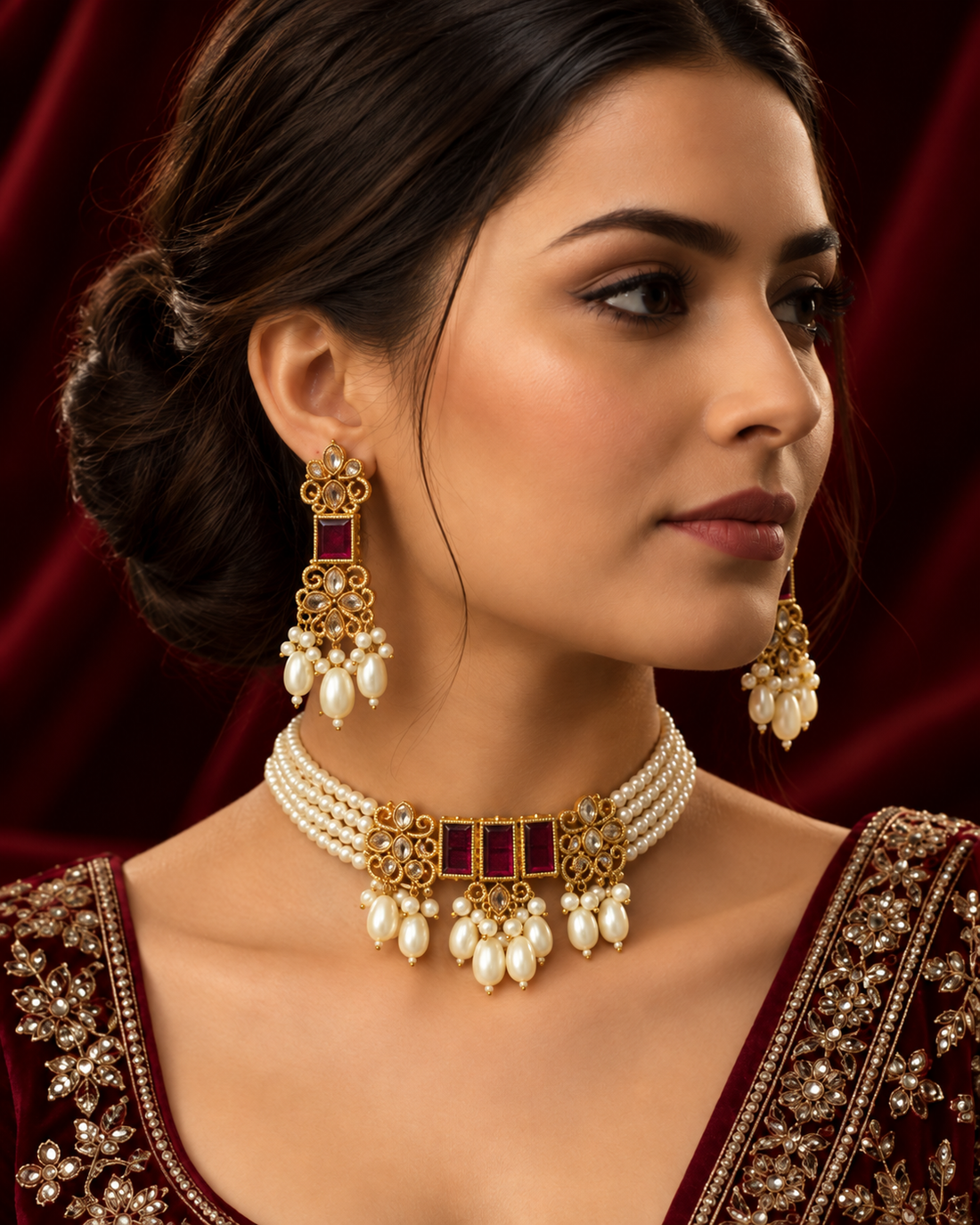 Elegant Pearl & Gemstone Bridal Choker Set – 3 Regal Colors
