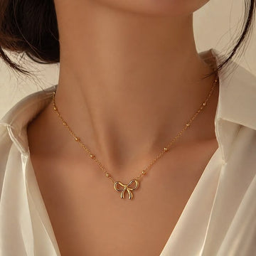 Minimalist Gold Bowknot & Bead Chain Necklace