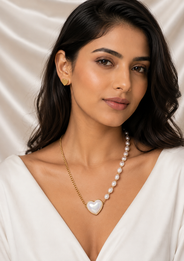 Pearl Heart Pendant & Heart Stud Earrings Set
