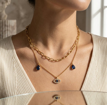 Gold Layered Evil Eye Necklace with Sapphire Blue Teardrops