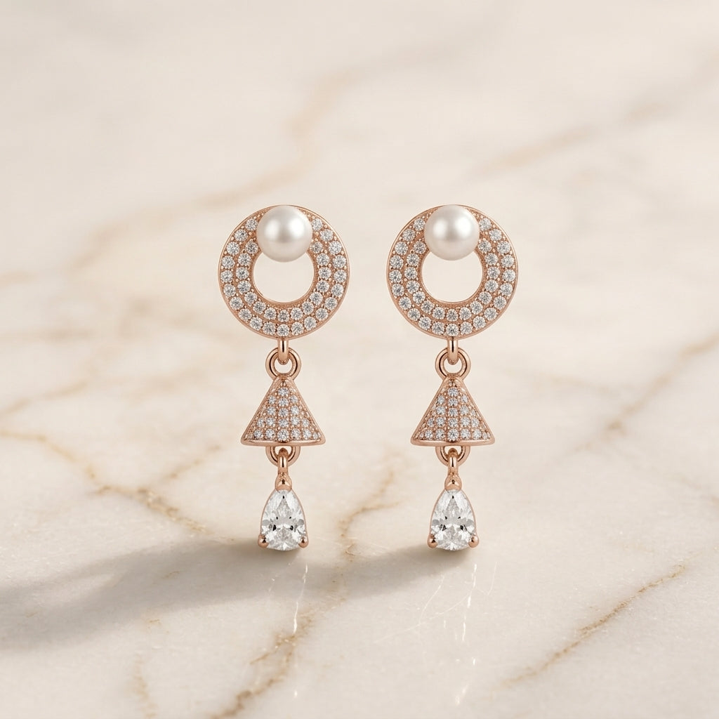 Pearl & Teardrop Dangle Earrings (Silver / Rose Gold)