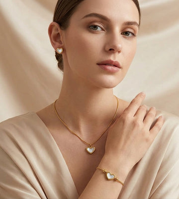 Elegant Gold Heart Charm Necklace, Earrings & Bracelet Trio