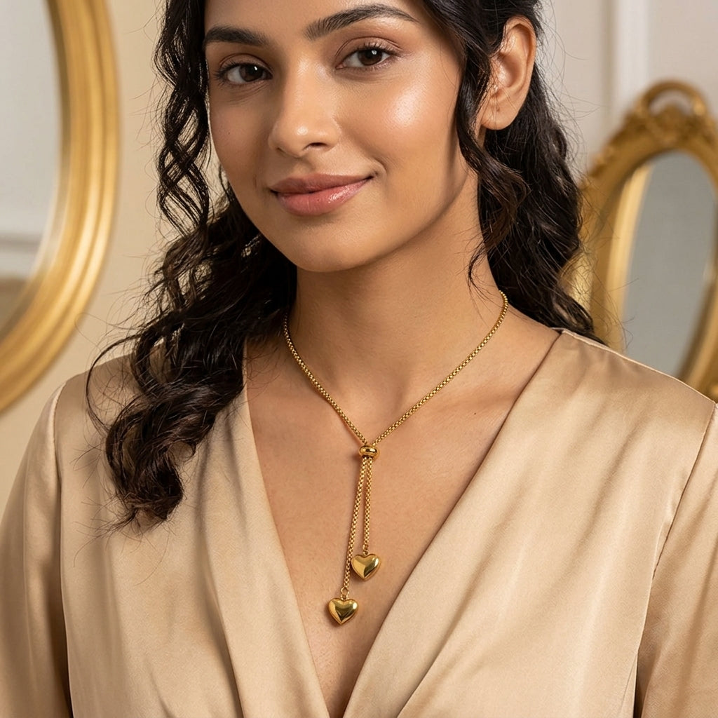 Imperial Double Heart Lariat Gold Necklace