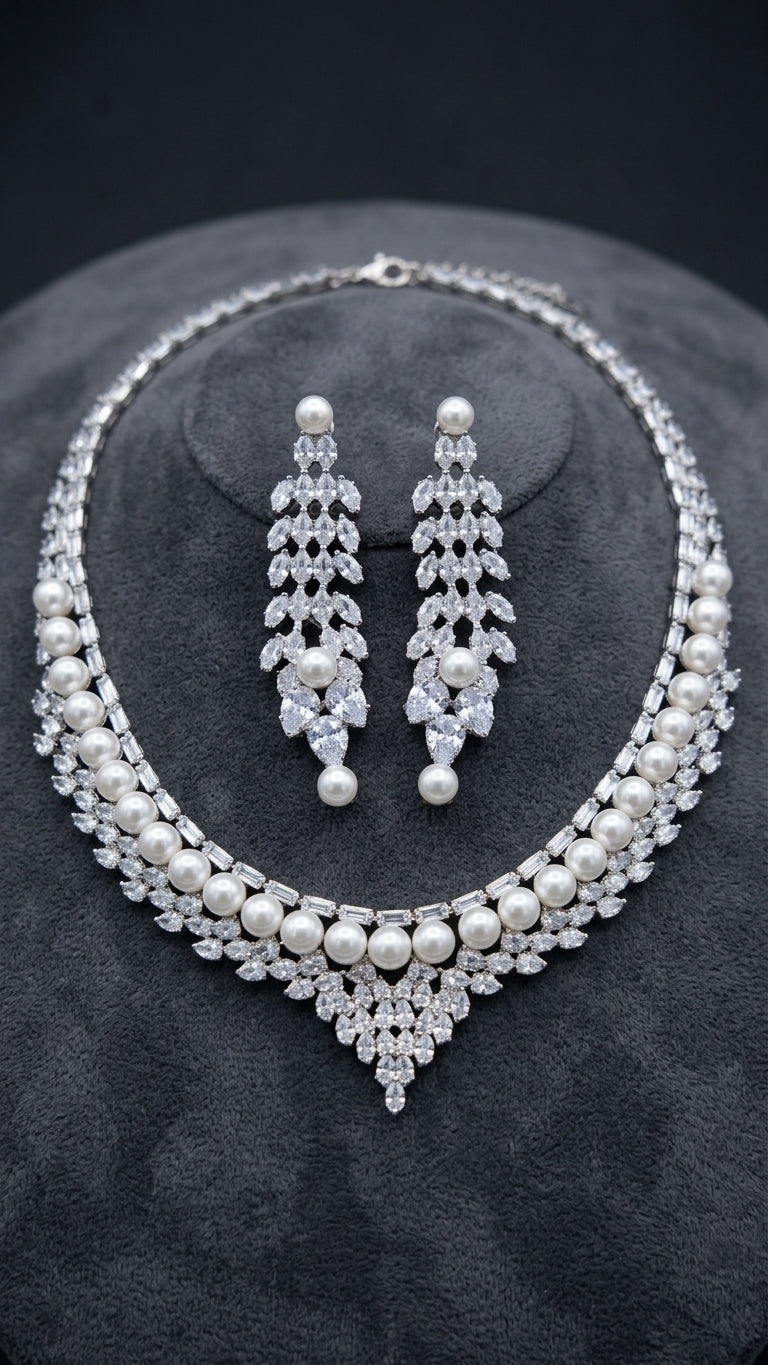 Royal Pearl & Cubic Zirconia V-Shape Bridal Jewelry Set