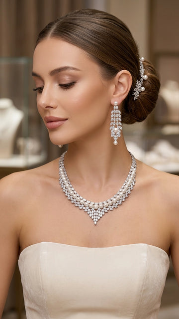 Royal Pearl & Cubic Zirconia V-Shape Bridal Jewelry Set