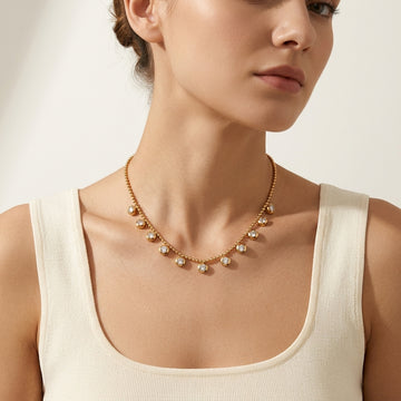 Dangling Solitaire Beaded Gold Choker Necklace