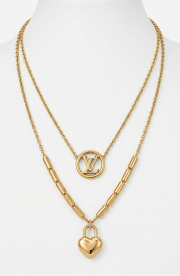 Louis Vuitton Heart Lock & Logo Layered Gold Necklace
