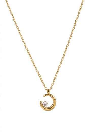 Minimalist Crescent Moon CZ Solitaire Gold Necklace