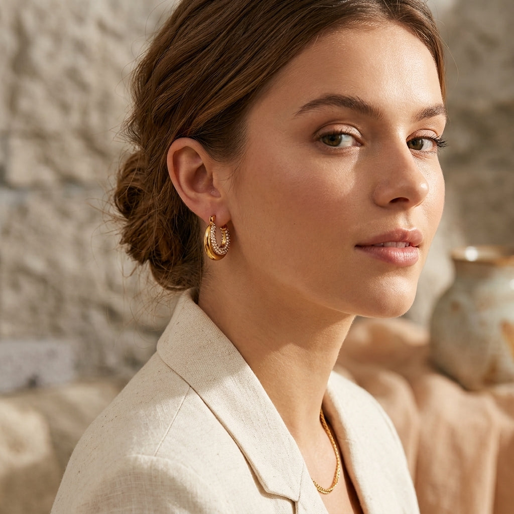 Celestial Zircon Pave Gold Crescent Hoop Earrings