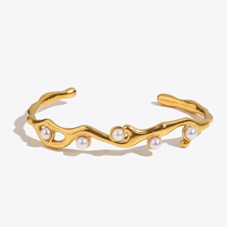 Elegant Wave Pearl Open Cuff Bracelet – 18K Gold Plated Organic Liquid Metal Bangle