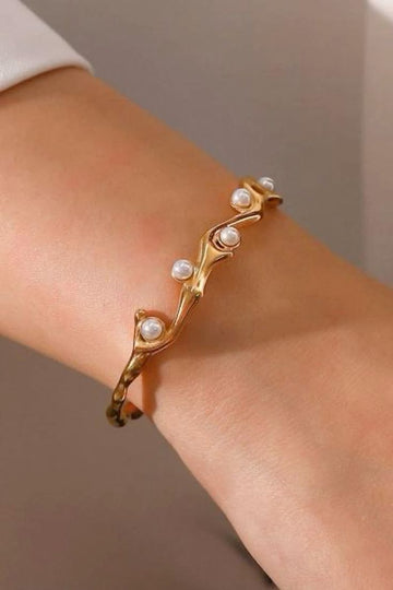 Elegant Wave Pearl Open Cuff Bracelet – 18K Gold Plated Organic Liquid Metal Bangle