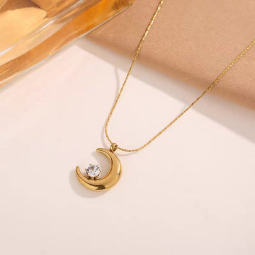 Golden Crescent Crystal Pendant Necklace