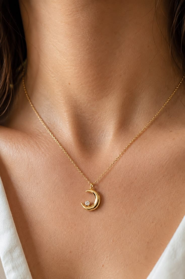 Minimalist Crescent Moon CZ Solitaire Gold Necklace