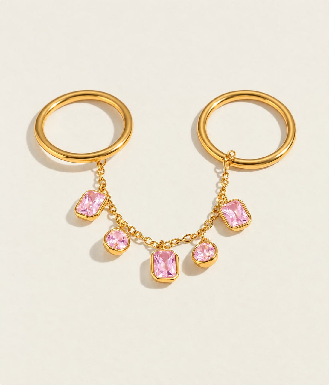 Blushing Elegance: Dual-Finger Chain Ring with Pink Gemstones