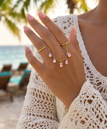 Blushing Elegance: Dual-Finger Chain Ring with Pink Gemstones