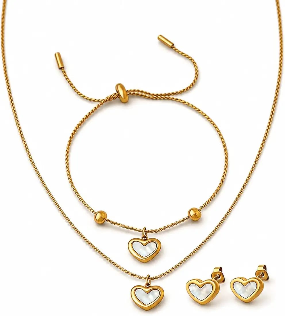Elegant Gold Heart Charm Necklace, Earrings & Bracelet Trio