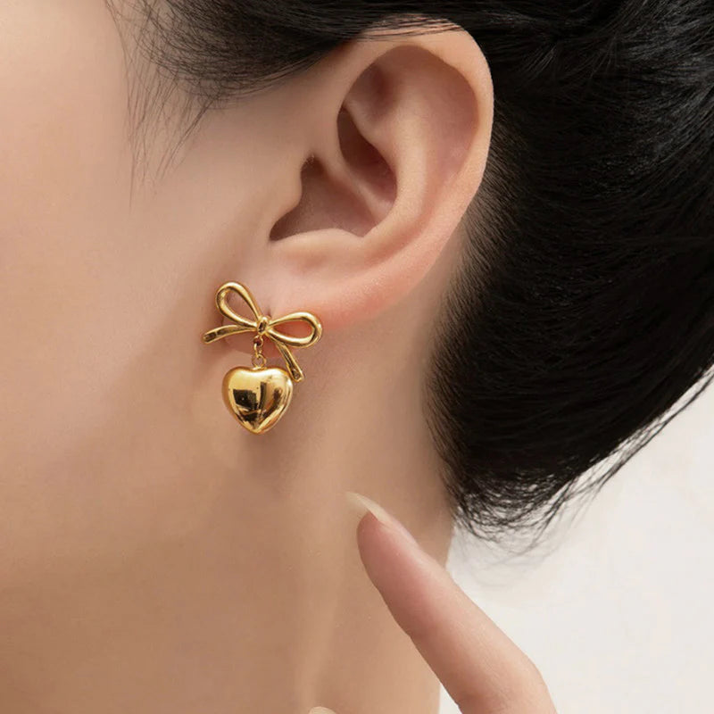 Minimalist Gold Bow & Puffy Heart Earrings