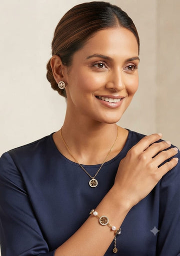 Classic Designer-Style Gold Pendant Necklace, Stud Earrings & Pearl Charm Bracelet