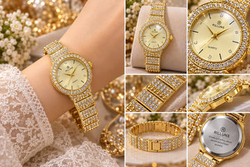 Luxury Crystal Quartz Watch for Women – Stainless Steel Water-Resistant Diamond Analog Wristwatch (Gold & Rose Gold)
