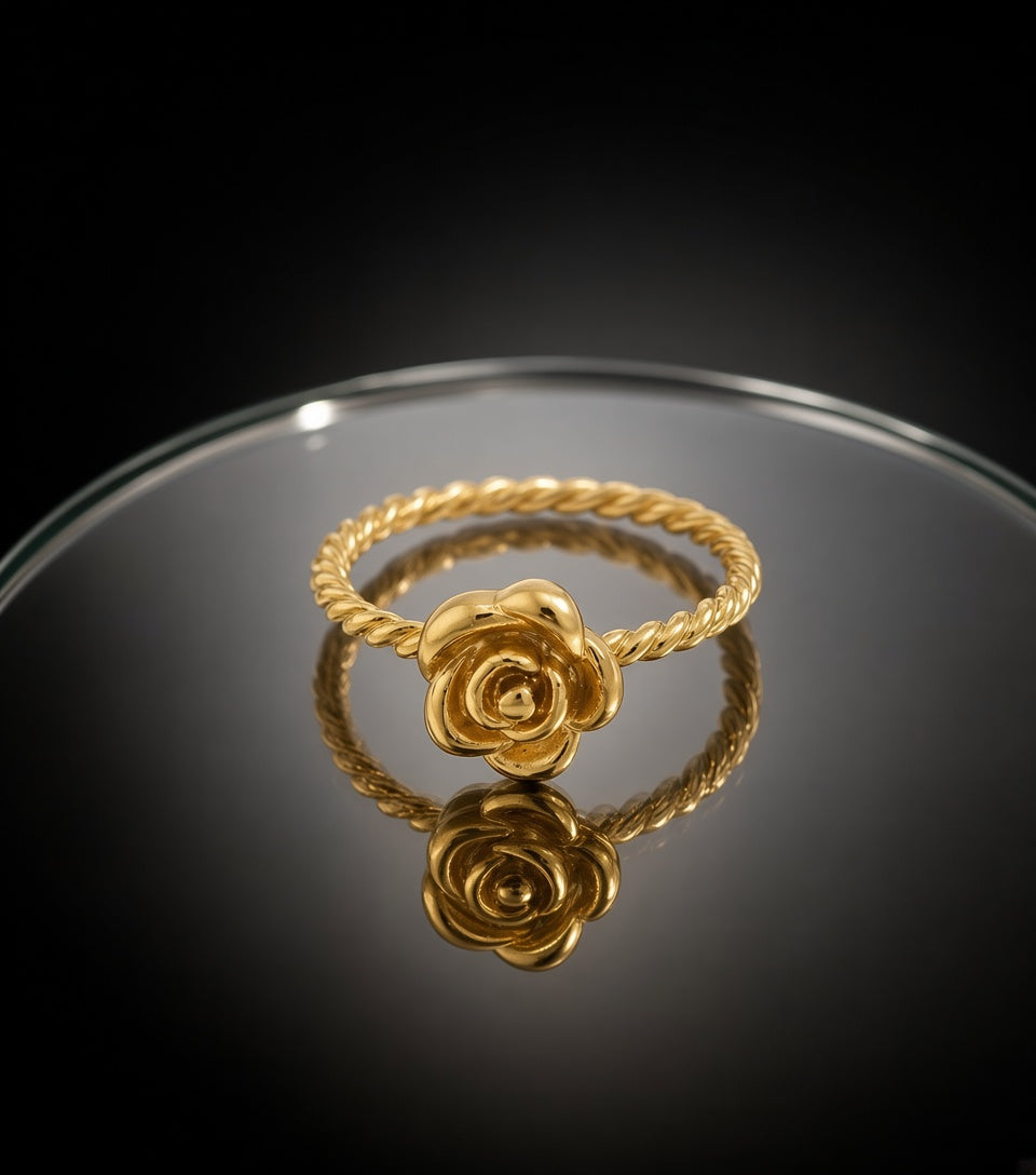 Minimalist Gold Twisted Rope Band with Sculpted Rose Flower Ring