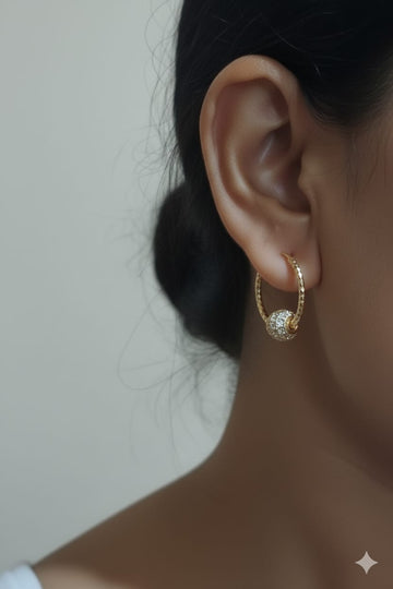Celestial Gold Hoop Earrings with Pavé Sphere