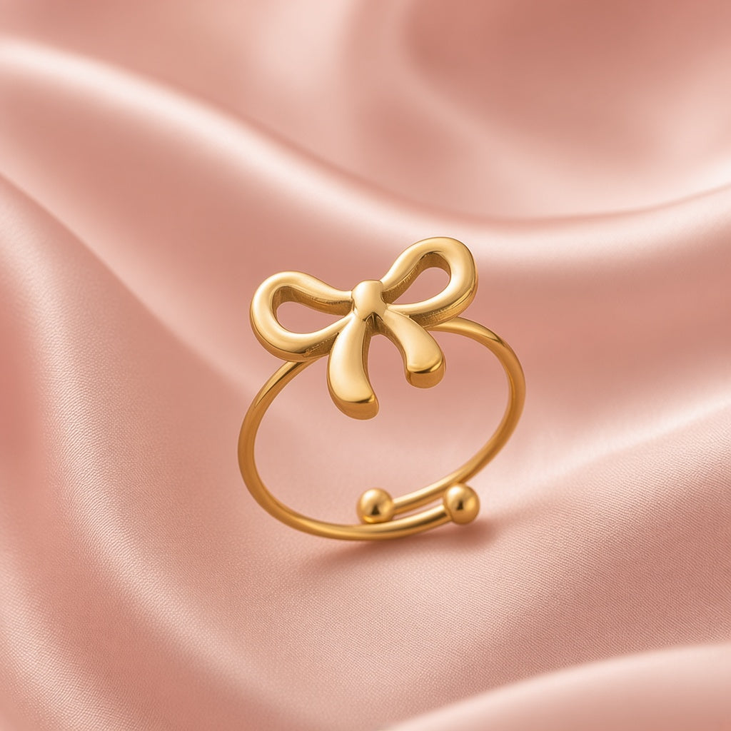 Delicate Gold Bow Ring – Adjustable Open Band Statement Ring