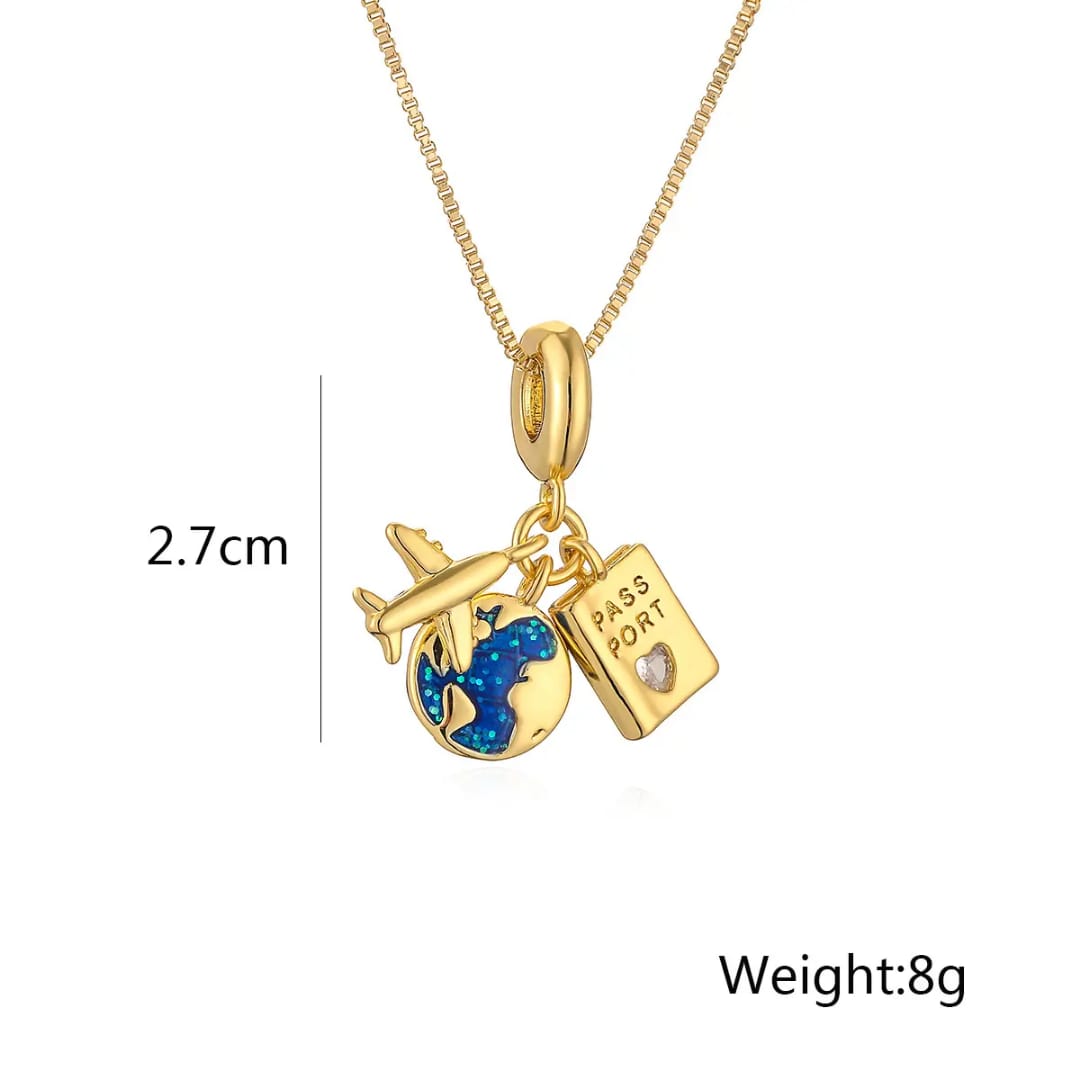 Celestial Voyage Gold Charm Necklace – Passport, Airplane & Globe Travel Pendant