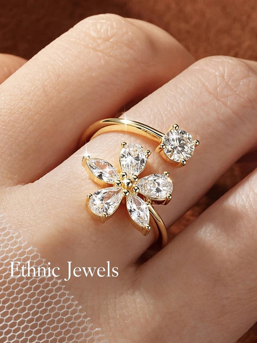 Elegant Diamond Flower Ring – Adjustable Gold Plated Design