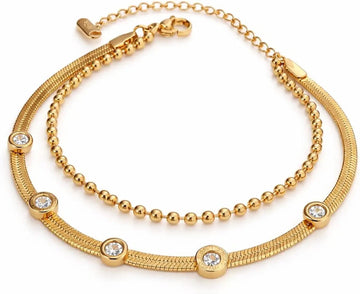 Layered Gold Snake & Bead Chain Crystal Bracelet
