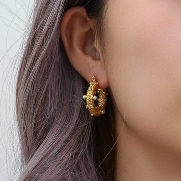 Vintage Textured Gold Pearl & Crystal Chunky Hoop Earrings