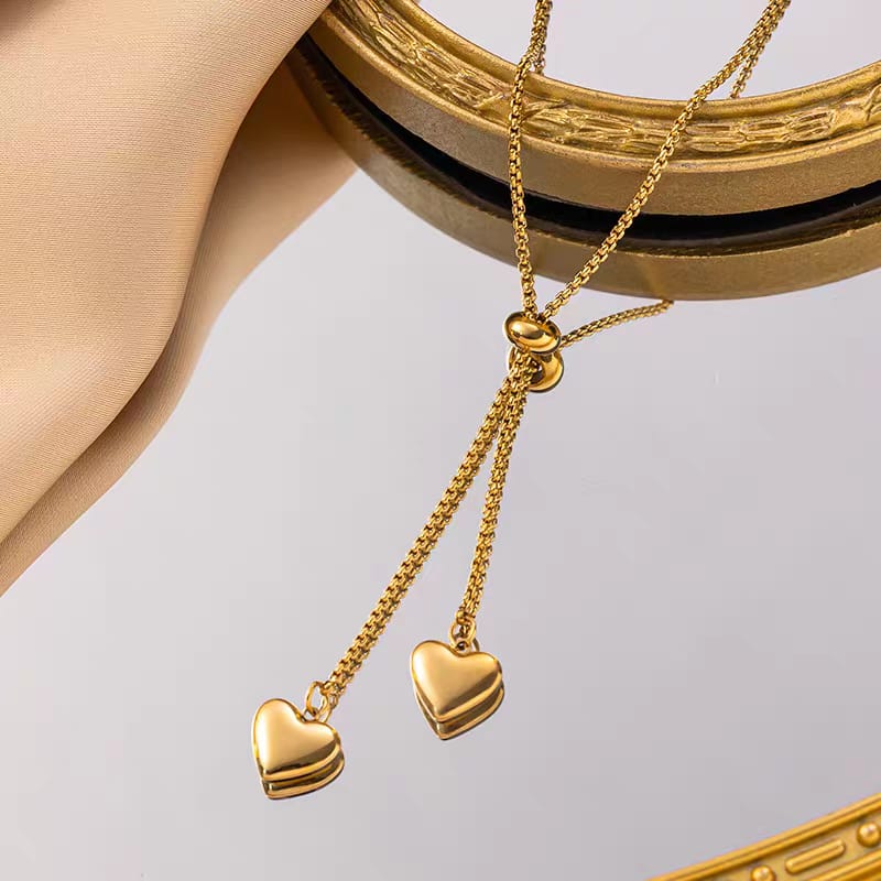 Imperial Double Heart Lariat Gold Necklace