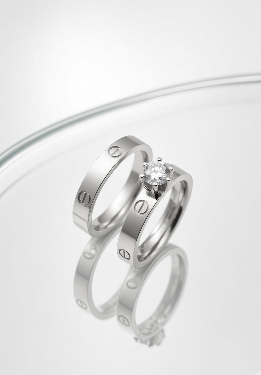 Cartier-Style Dual Silver Ring Set – Classic Screw Motif & Solitaire Diamond Band