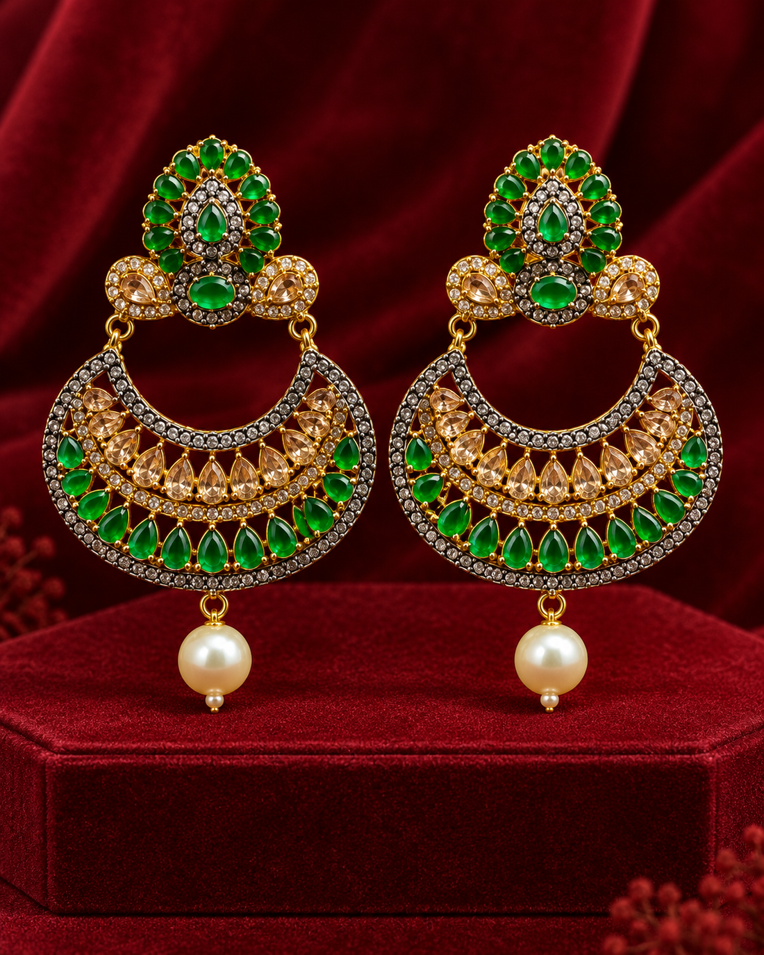 Luxury Kundan Stone Crescent Earrings with Pearl Tassel for Women