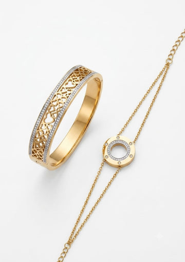 Elegant Filigree Heart Cuff Bangle with Matching Chain Bracelet