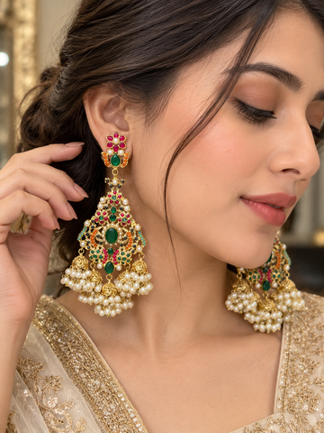 Royal Emerald & Ruby Floral Jhumka Earrings