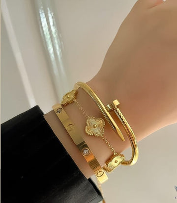 Opulent Gold Nail Cuff, Screw Bangle & Clover Combo Deal