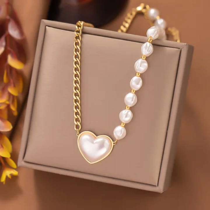 Pearl Heart Pendant & Heart Stud Earrings Set