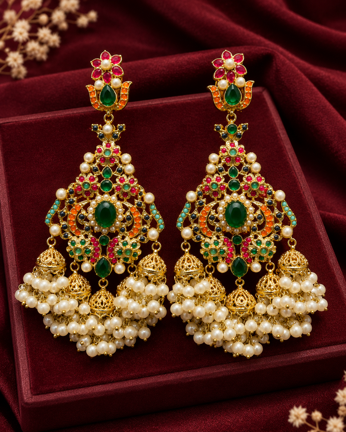 Royal Emerald & Ruby Floral Jhumka Earrings