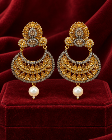 Luxury Kundan Stone Crescent Earrings with Pearl Tassel for Women