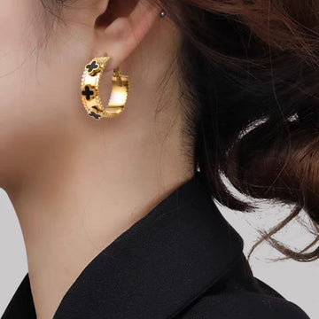 18K Gold Plated Clover Motif Wide Hoop Earrings