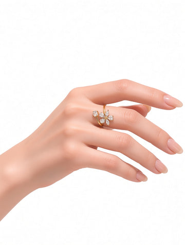 Elegant Diamond Flower Ring – Adjustable Gold Plated Design