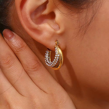 Celestial Zircon Pave Gold Crescent Hoop Earrings