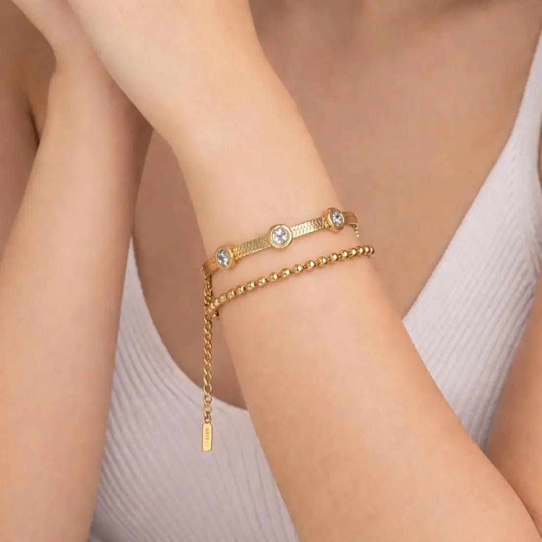 Layered Gold Snake & Bead Chain Crystal Bracelet