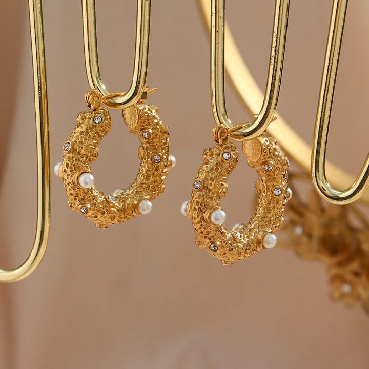 Vintage Textured Gold Pearl & Crystal Chunky Hoop Earrings