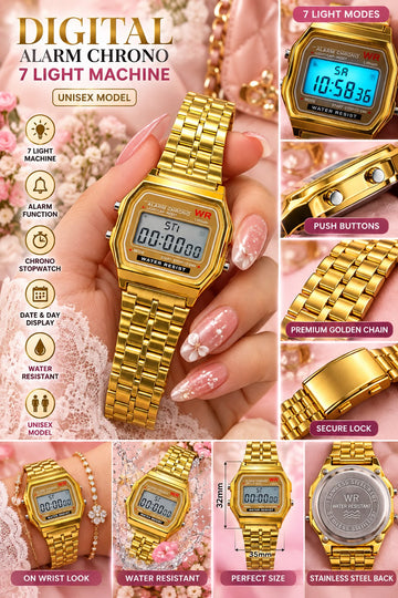 Classic Gold Digital Steel Watch – Unisex Retro Chronograph Watch