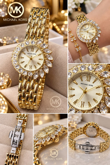 Gold Crystal Halo Bracelet Watch – Statement Jewelry Wristwatch for Women