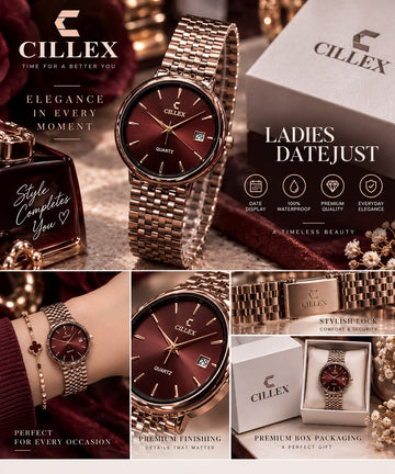 Classic Datejust Rose Gold Watch – Deep Burgundy Quartz Steel Timepiece